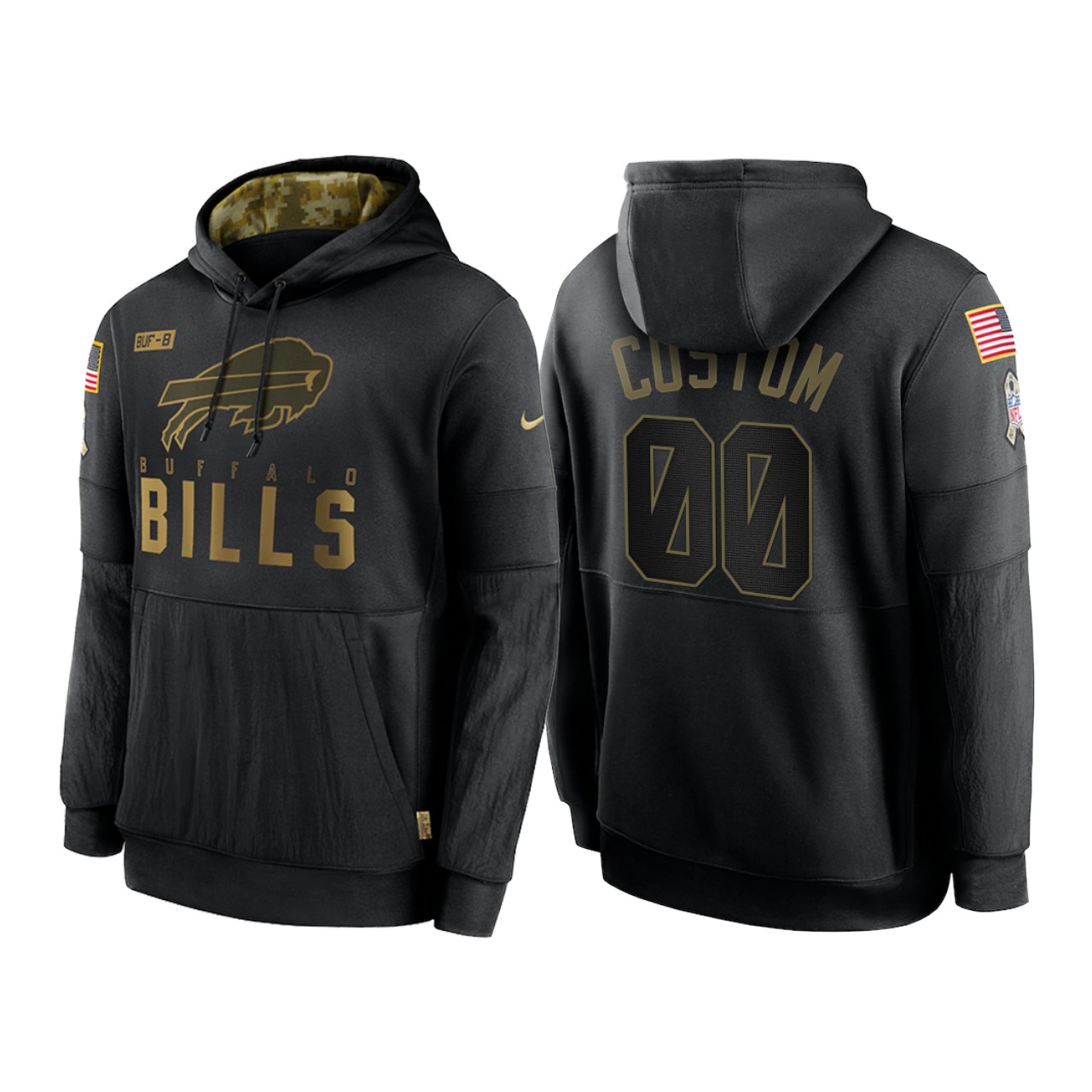 Men's Buffalo Bills Customized 2020 Black Salute To Service Sideline Performance Pullover Hoodie